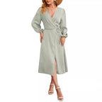 New Satin Solid-color V-neck Skirt With A Slitsexy Dress
