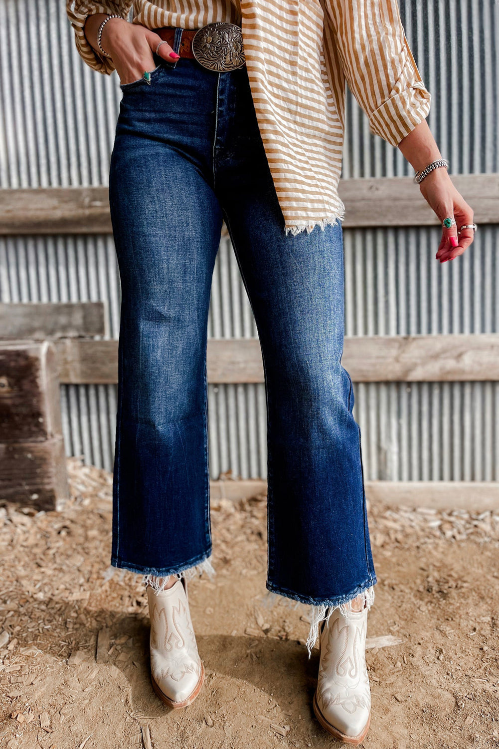 Beau Blue Mineral Wash Raw Hem High Waist Flared Jeans