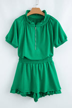 Pink Half Zip Puff Sleeve Top and Ruffle Shorts Set
