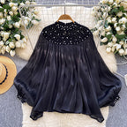 Womens Loose, Casual Rhinestone-embellished Lantern-sleeve Tassel Mesh Top
