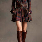 Women's Elegant Plaid Long Sleeve Mini Dress | Belted