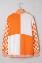 Brown Checkered Bubble Sleeve Drop Shoulder Open Cardigan