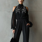 Black Embroidered Women’s Long-Sleeve Wide-Leg Jumpsuit
