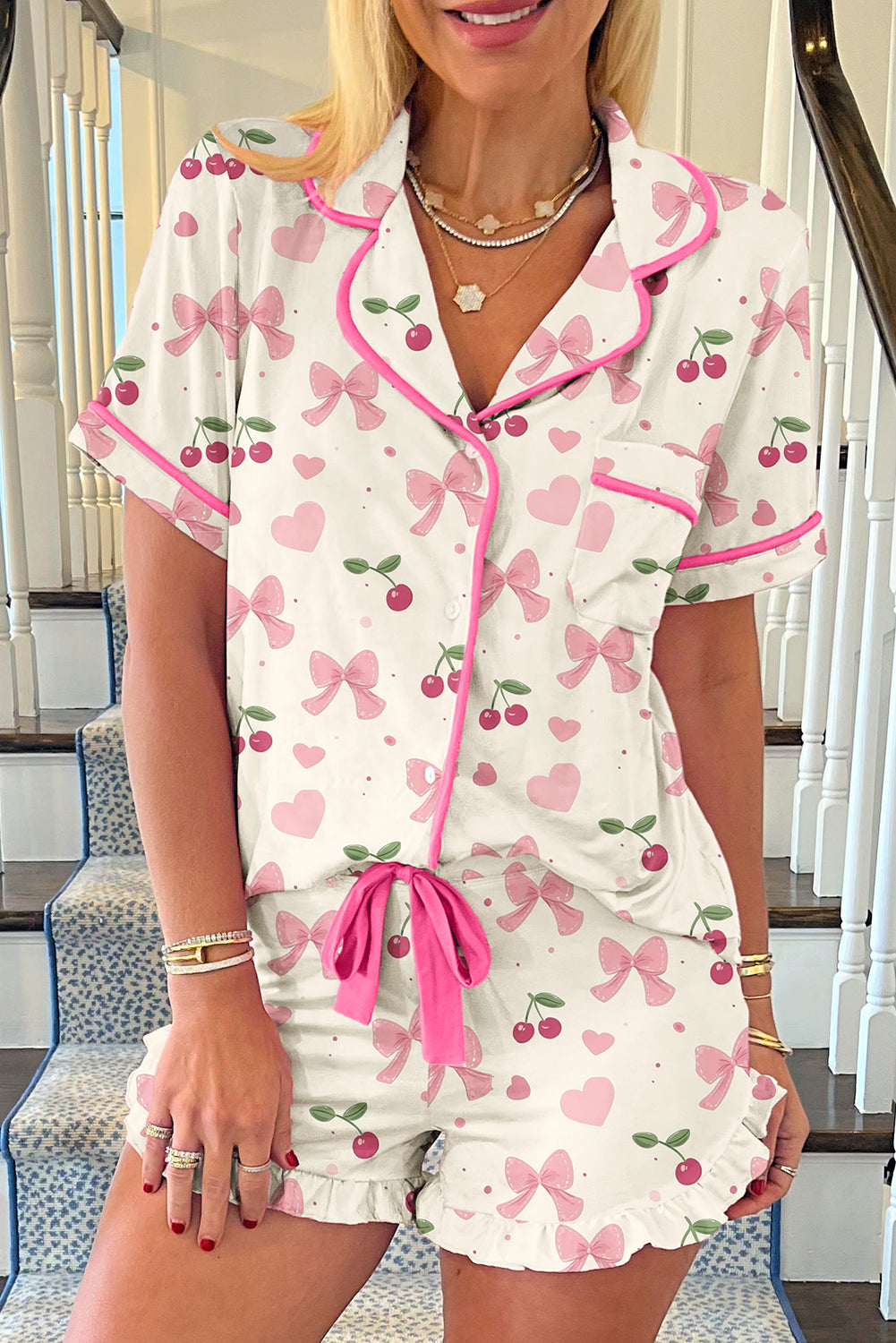 Pink Polka Dot and Bow Print Ruffle Hem Shorts Pajama Set