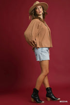 Umgee Textured Notched Blouse with Balloon Sleeves