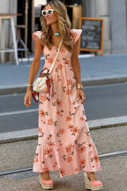 Pink Floral V Neck Smocked High Waist Ruffle Hem Long Dress