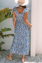 Sky Blue Boho Print Smocked High Waist Maxi Dress