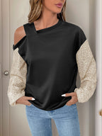 Perfee Sequin Asymmetrical Neck Long Sleeve Sweatshirt