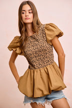 BiBi Rib Texture Leopard Puff Sleeves Bubble Peplum Top