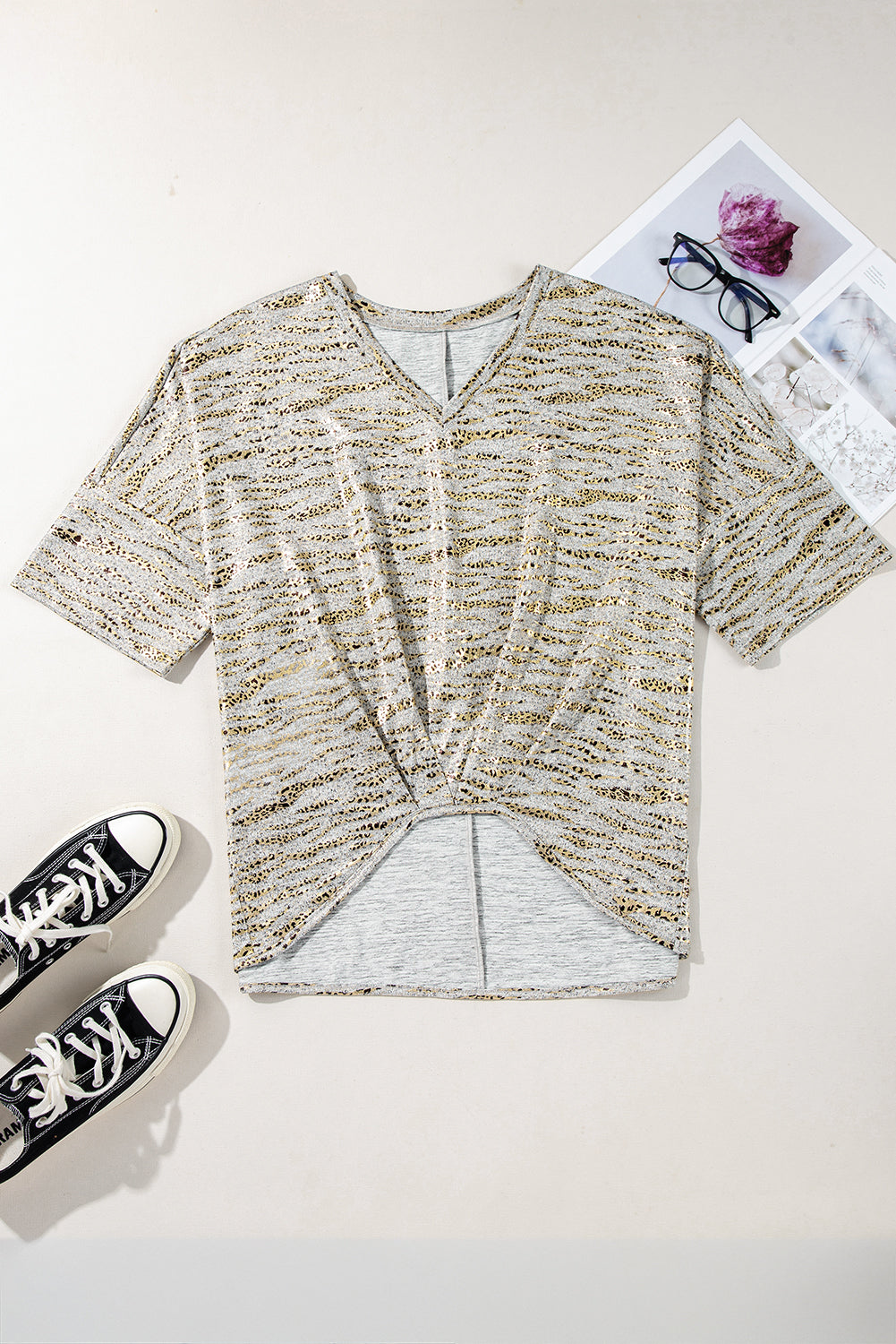 Gray Leopard Print 3/4 Sleeve V Neck Loose Fit T Shirt