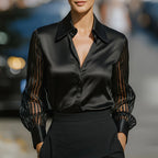 Women’s Satin Lapel Collar Blouse – Sheer Long Sleeve Button-Down Shirt for Office & Spring/Autumn Wear
