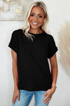 White Crinkle Rib Textured Knit Round Neck T Shirt