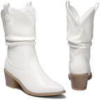 Dream Pairs Womens Size 8 White Faux Leather 2.5" Heel Western Cowboy Boots