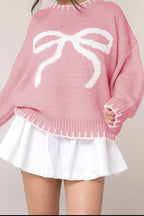 Bow Graphic Round Neck Long Sleeve Sweater