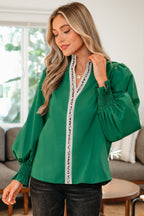 Black Puffy Flounce Sleeve Leopard Trim V Neck Blouse
