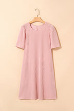 Blossom Corded Knit Crew Neck Puff Sleeve Shift Mini Dress