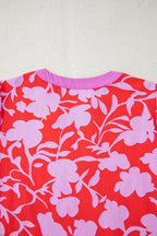 Red Floral Print Split V Neck Cuffed Bracelet Sleeve Blouse