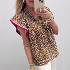 Womens Fashion Leopard-Print Ruffle-Trim Loose Chiffon Blouse