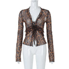 European And American Fashion Sexy Mesh See-through Cardigan Lace-up T-shirt