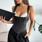 Contrast-color Ruffled Bust Cup Fishbone-style Workwear Vest