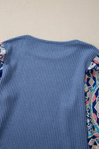 Coffee Ruffle Floral Sleeve Patchwork Waffle Top
