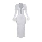 New sexy White Autumn U bust line Hollow Feather sleeves Long Dress for women