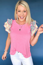 Bonbon Striped Ruffle Flutter Sleeve Ribbed Blouse