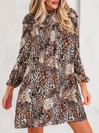 Leopard Ruffled Detail Long Sleeve Loose Mini Dress
