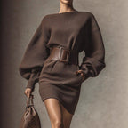 Women’s Brown Bodycon Mini Dress — Boat Neck, Long Sleeve