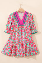 Pink Floral Print V Neck Patchwork Short Bubble Sleeve Mini Dress