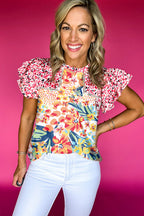Red Floral Mixed Print Ruffle Cap Sleeve Blouse