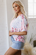 Pink Mixed Leopard Print V Neck Short Sleeve Blouse
