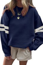 Fiery Red Preppy Striped Sleeve Loose Sweatshirt