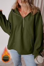 Orange Half Zipper Kangaroo Pockets Drop Shoulder Hoodie