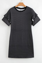 Black Stripe Ruffled Short Sleeve Crew Neck T Shirt Shift Mini Dress