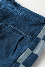 Sail Blue Checkered Side Panel Patchwork Drawstring Loose Denim Pants