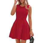 Sleeveless Solid Color Pleated Dress | Flared Midi Casual