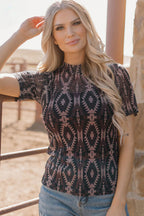 Brown Aztec Print Mock Neck Short Sleeve Mesh T Shirt