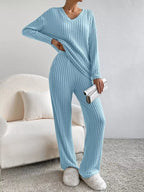 Ribbed Knit V-Neck Top and Pants Set