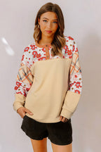 Parchment Floral Plaid Patchwork Casual Top