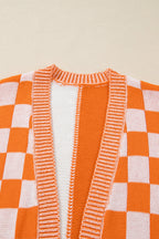 Brown Checkered Bubble Sleeve Drop Shoulder Open Cardigan