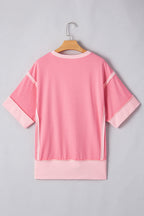 Peach Blossom Half Sleeve Raw Seam High Low Side Split Top