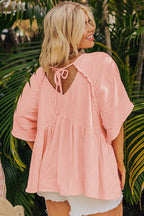 Apricot Pink Plus Size Crinkle Flounce Sleeve Babydoll Blouse