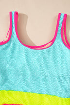 Iceland Blue Textured Color Block Patchwork One Piece Swimsuit