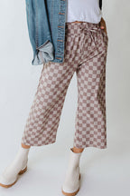 Khaki Tie Elastic Waist Checkered Loose Pants