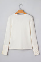 Beige Thermal Knit Lace Ruched Patchwork Long Sleeve V Neck Top