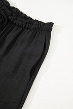 Black Drawstring Frilled Waist Wide Leg Utility Trousers