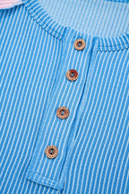 Blue Twisted Ribbed Color Block Patchwork Henley Short Sleeve T Shirt