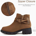 Coutgo Girls Size 10 Brown Faux Suede Side Zip Low Block Heel Bow Ankle Boots