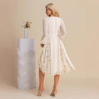 Floral Long Sleeve V-Neck Pleated Midi Dress – High Waist Flared Hem